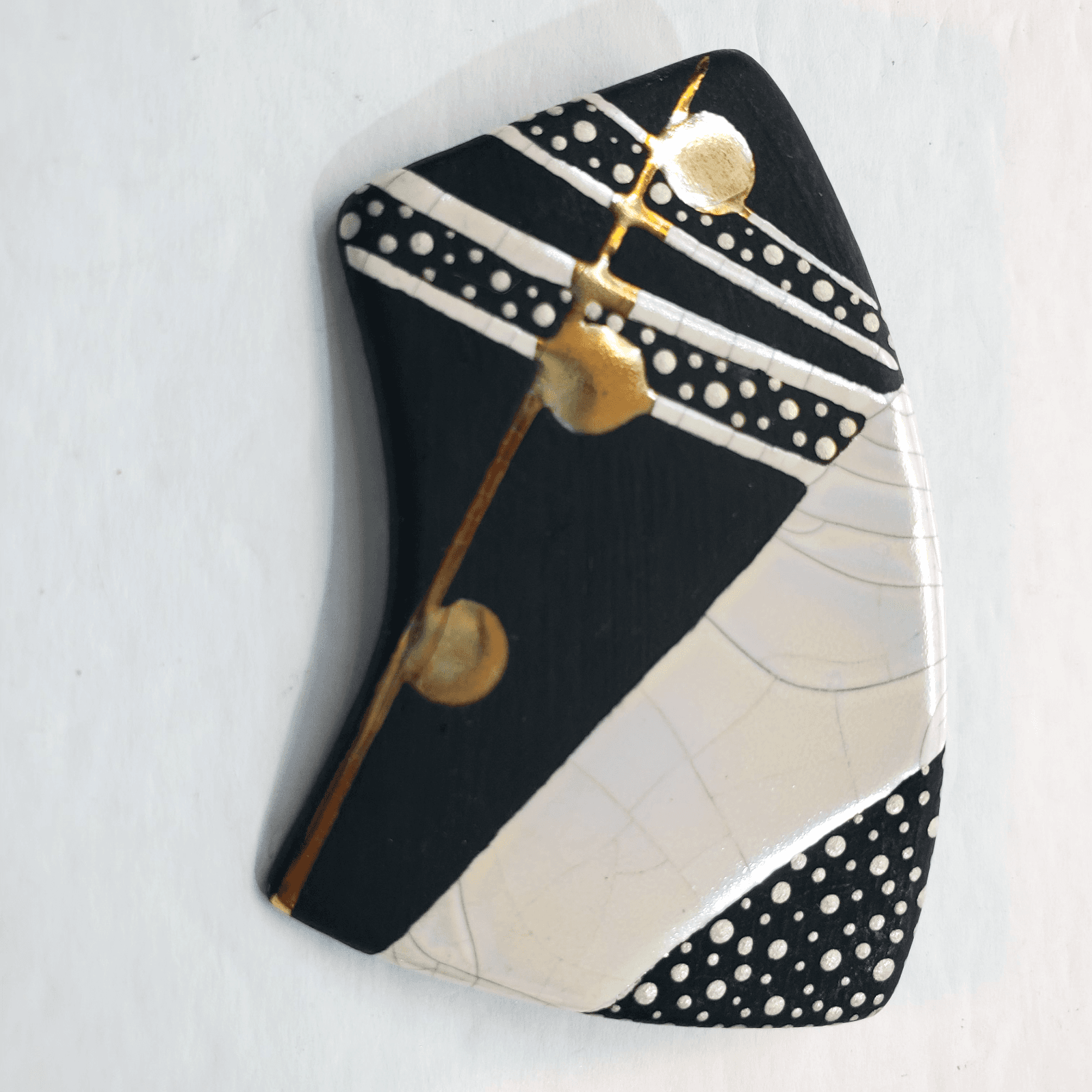 Vintage 80's Wooden Painted Eclectic Modern Art Brooch Pin Black White Gold