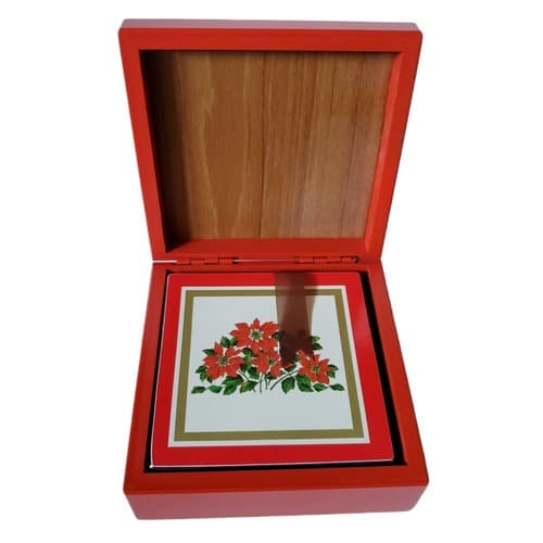 Vintage Taiwan Christmas Poinsettia Holiday Cork Back Coasters Wood Box Barware