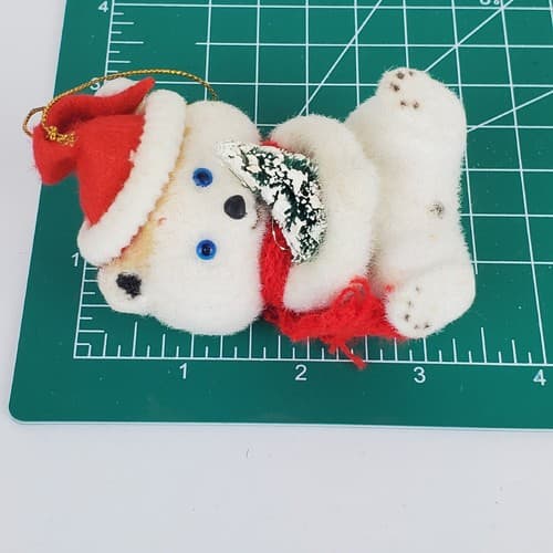 2 Vtg Morgan Inc Duffy Dog and Frosty Bear Flocked Christmas Ornaments Hong Kong - Thumbnail 9