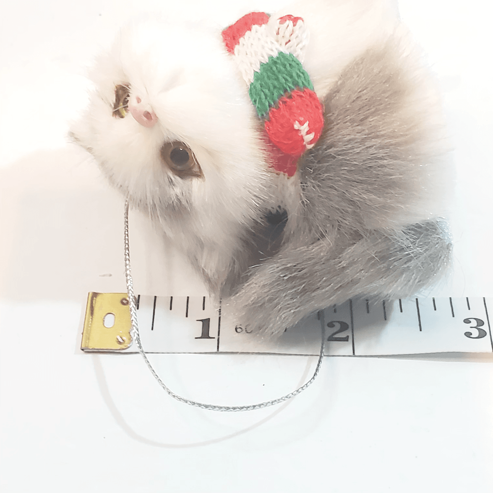 Faux Fur Kitten Miniature Christmas Ornament Cat Kitten Glass Eyes Gray & White - Thumbnail 5