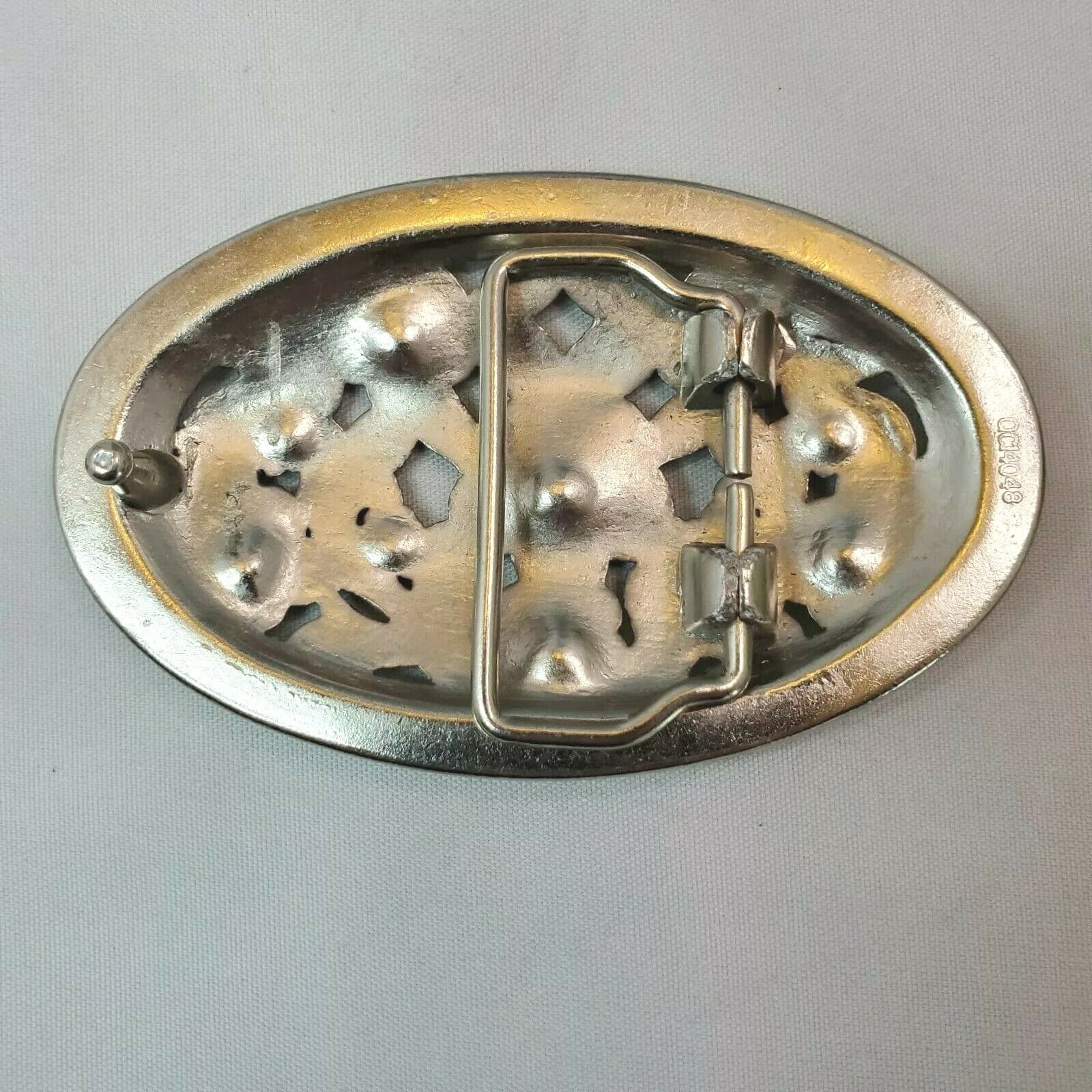 Oval Silver Tone Metalwork Belt Buckle Rhinestones Flowers Leaves Cutout Western - Thumbnail 4