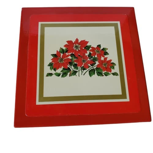 Vintage Taiwan Christmas Poinsettia Holiday Cork Back Coasters Wood Box Barware - Thumbnail 4