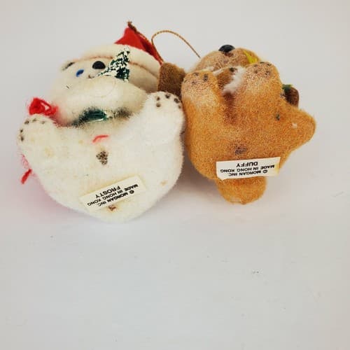 2 Vtg Morgan Inc Duffy Dog and Frosty Bear Flocked Christmas Ornaments Hong Kong - Thumbnail 5
