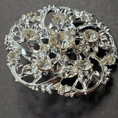 Vintage Silver Tone Clear Rhinestone Round Swirl Snowflake Open Work Pin Brooch - Thumbnail 2