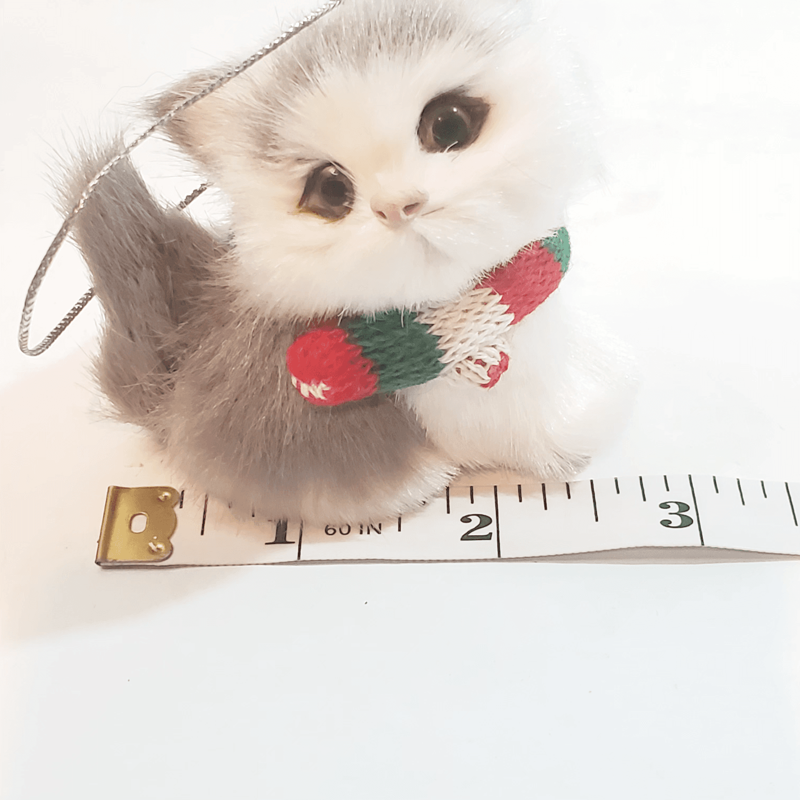Faux Fur Kitten Miniature Christmas Ornament Cat Kitten Glass Eyes Gray & White - Thumbnail 4