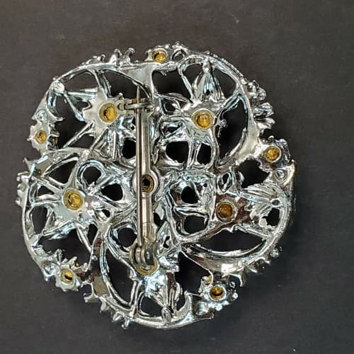Vintage Silver Tone Clear Rhinestone Round Swirl Snowflake Open Work Pin Brooch - Thumbnail 3