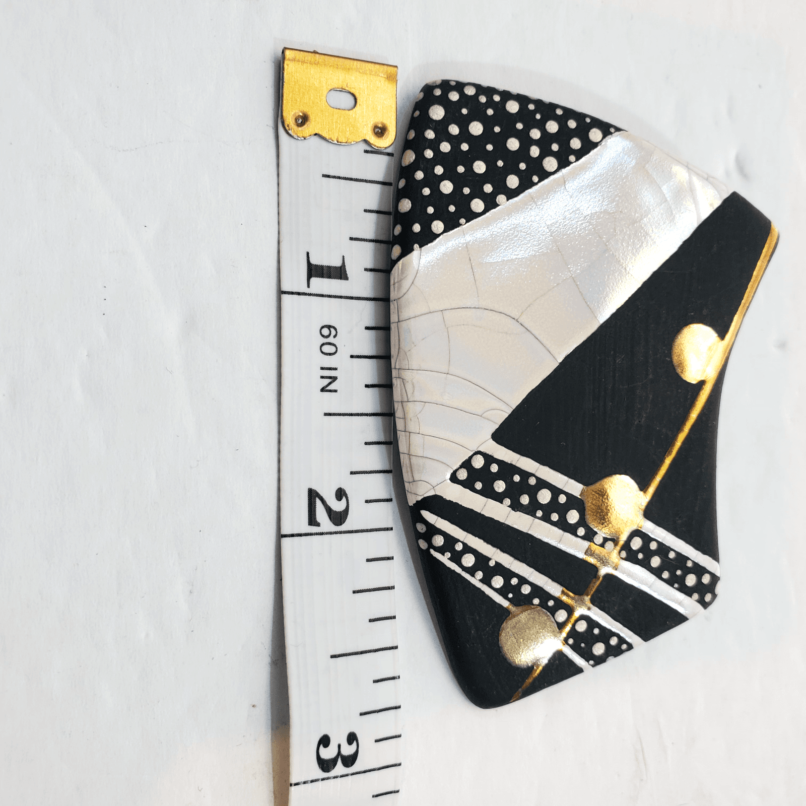 Vintage 80's Wooden Painted Eclectic Modern Art Brooch Pin Black White Gold - Thumbnail 3