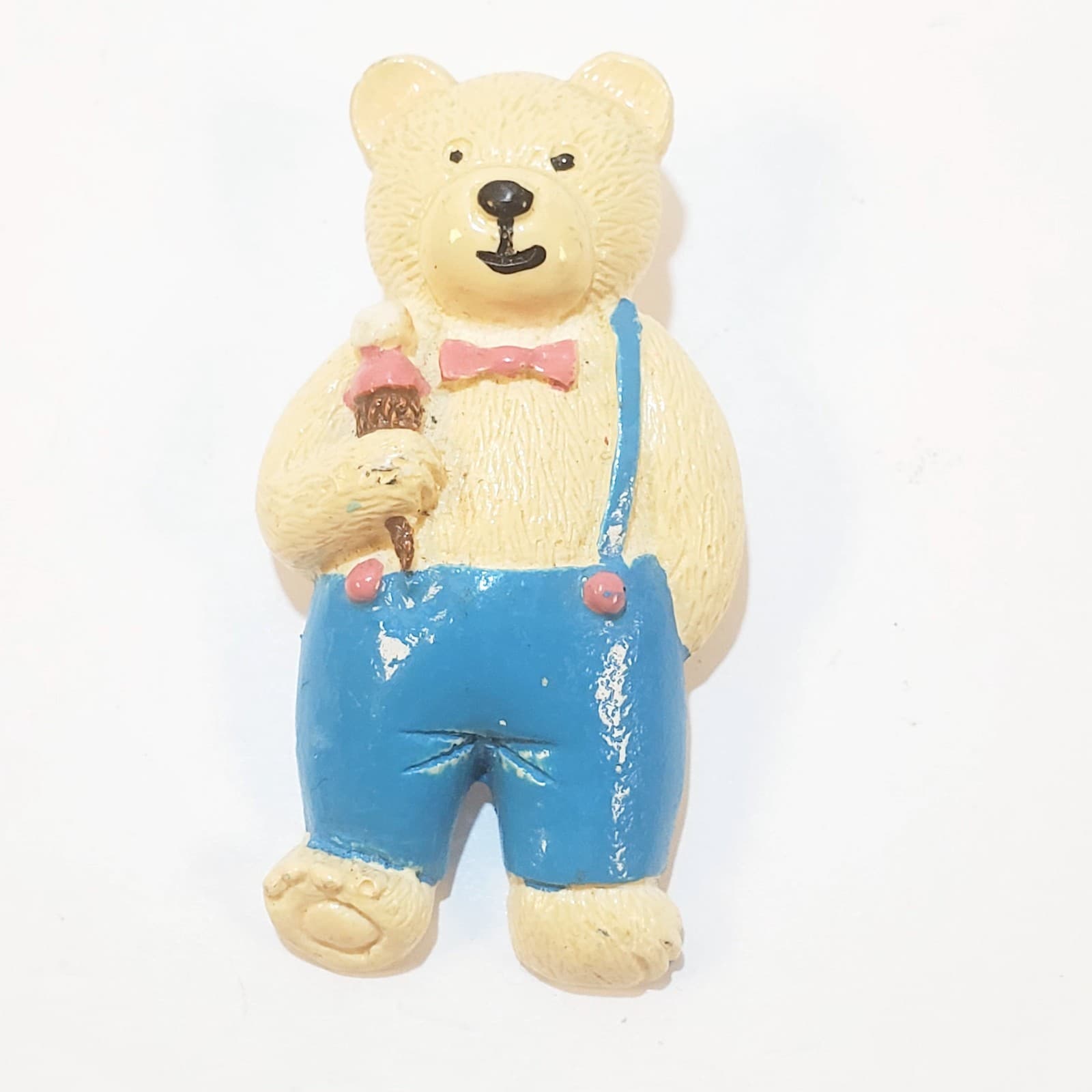 Vintage Plastic Bear Holding Ice Cream Cone Wearing Suspenders Bow Tie Pin