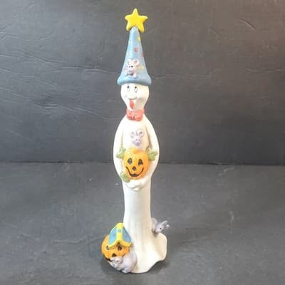 Vtg 1995 Fabri-Center Ceramic Skinny Halloween Ghost Holding Pumpkin Mice Decor