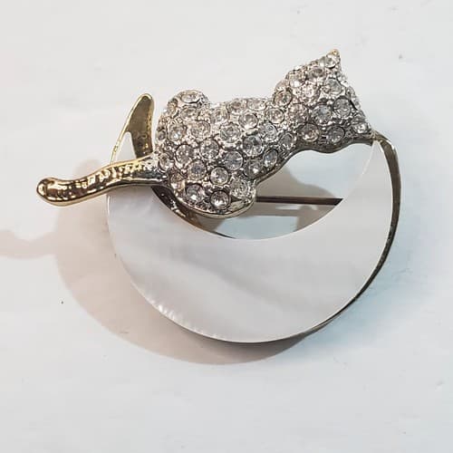 Gold Tone Metal Clear Encrusted Rhinestones Cat Kitten on Half Moon Brooch Pin - Thumbnail 2