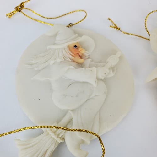 4 Vtg Witch Broom Scarecrow Pumpkin Ceramic Resin Halloween Ornaments Off White - Thumbnail 5