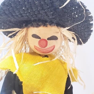 Vintage 9" Scarecrow Witch Decor Straw Burlap Standing Holding Pumpkin Halloween - Thumbnail 3