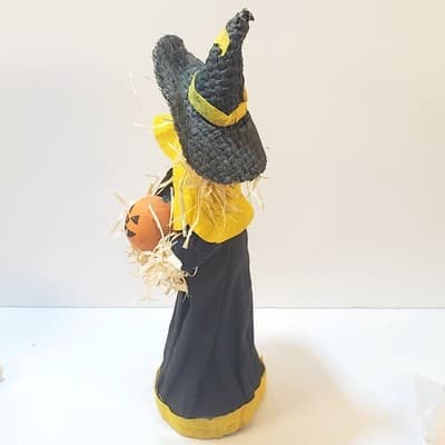 Vintage 9" Scarecrow Witch Decor Straw Burlap Standing Holding Pumpkin Halloween - Thumbnail 7