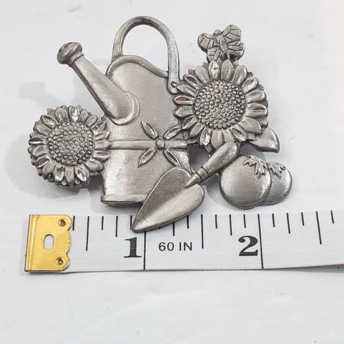 Vintage Spoontiques Pewter Gardening Water Can Sunflower Spring Brooch Pin #4133 - Thumbnail 4