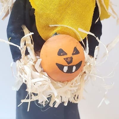 Vintage 9" Scarecrow Witch Decor Straw Burlap Standing Holding Pumpkin Halloween - Thumbnail 4