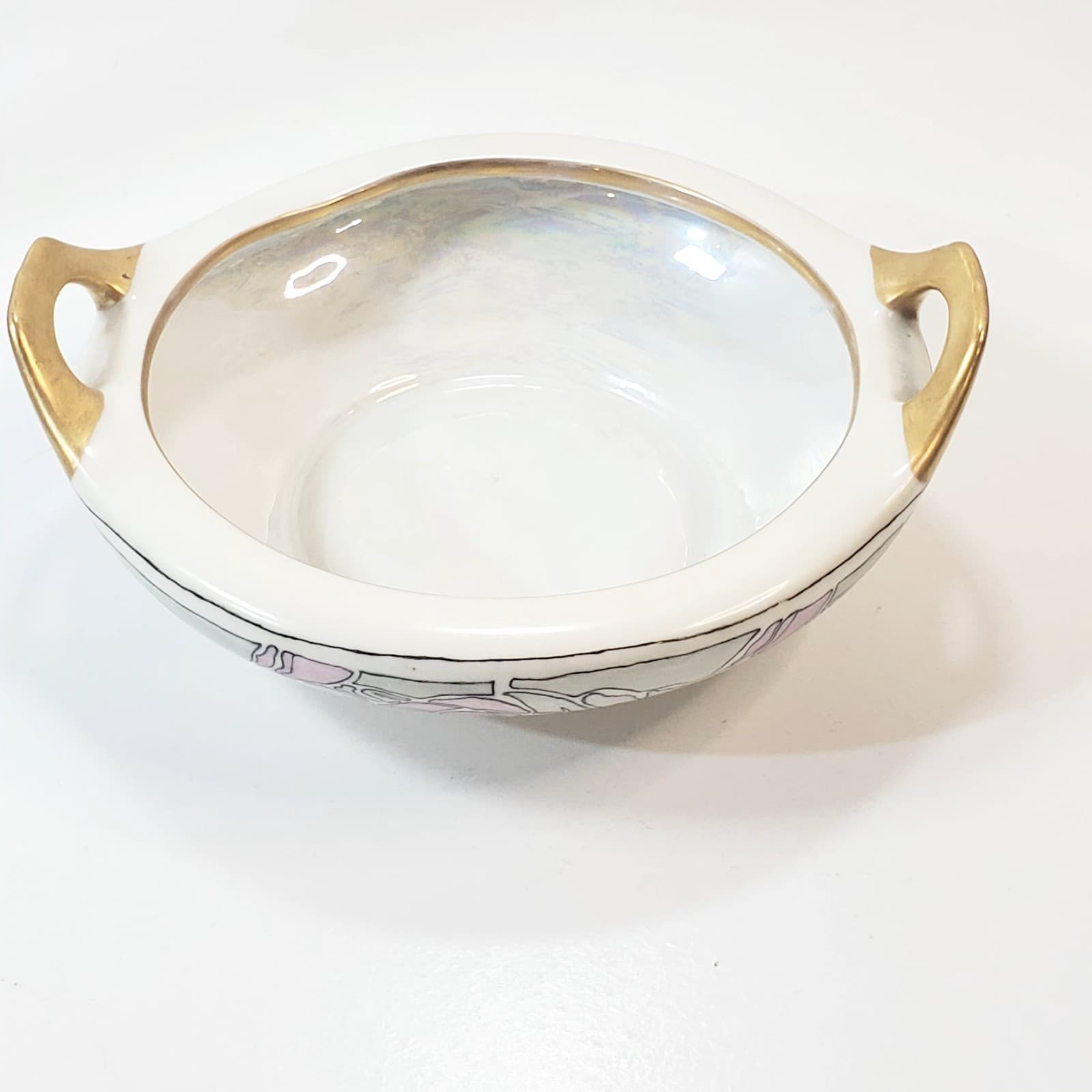 M Z Austria Antique Pearlescent Bowl 2-Handled with Gold Trim Abstract Design - Thumbnail 10
