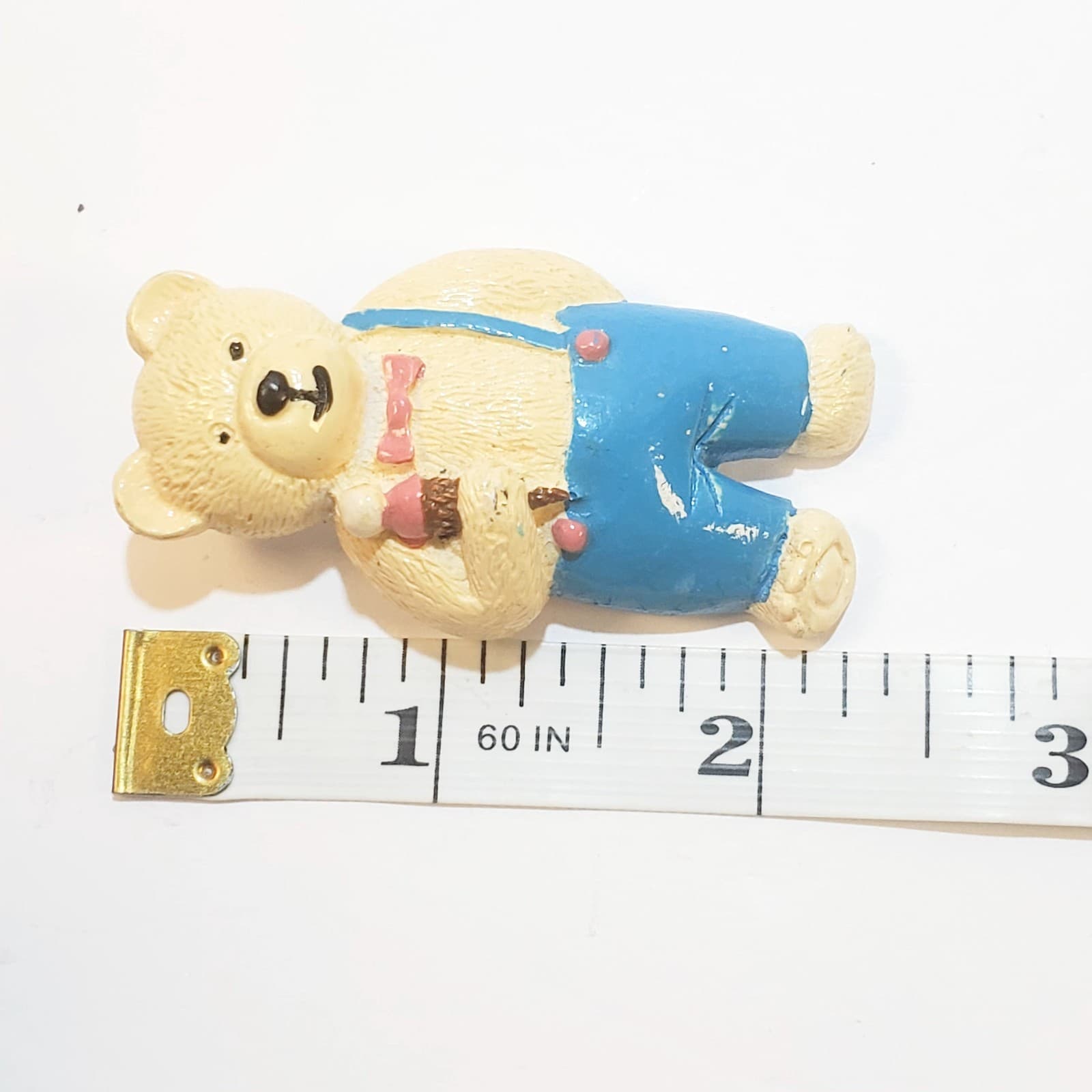 Vintage Plastic Bear Holding Ice Cream Cone Wearing Suspenders Bow Tie Pin - Thumbnail 3