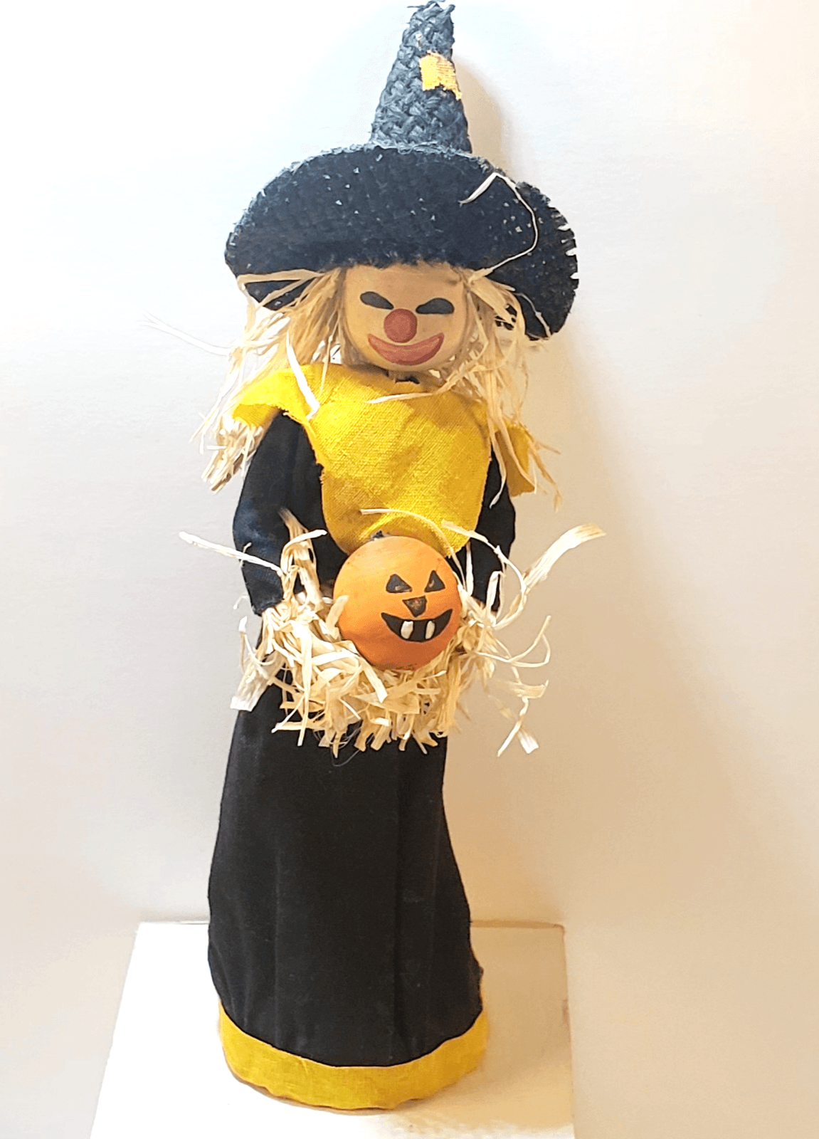 Vintage 9" Scarecrow Witch Decor Straw Burlap Standing Holding Pumpkin Halloween