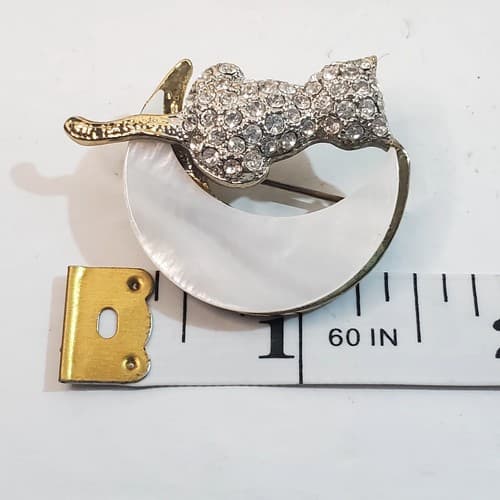 Gold Tone Metal Clear Encrusted Rhinestones Cat Kitten on Half Moon Brooch Pin - Thumbnail 4