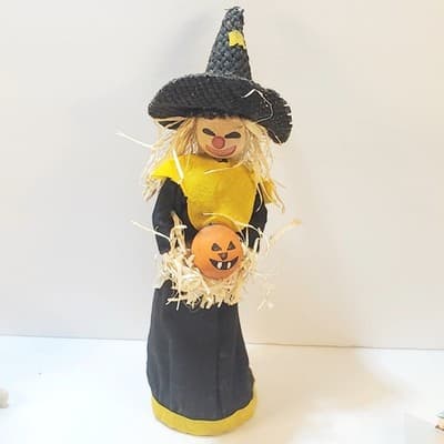 Vintage 9" Scarecrow Witch Decor Straw Burlap Standing Holding Pumpkin Halloween - Thumbnail 2