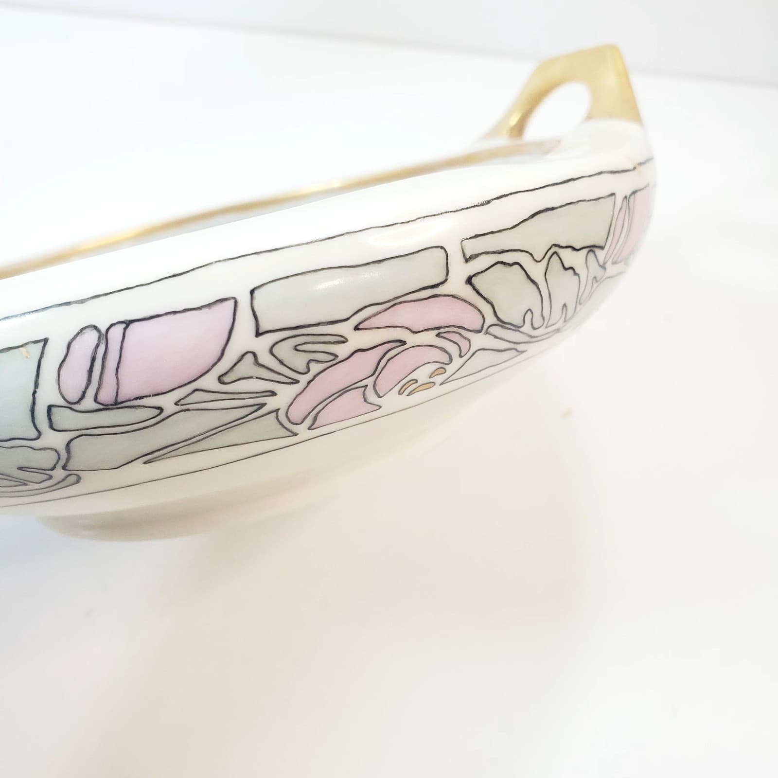 M Z Austria Antique Pearlescent Bowl 2-Handled with Gold Trim Abstract Design - Thumbnail 3