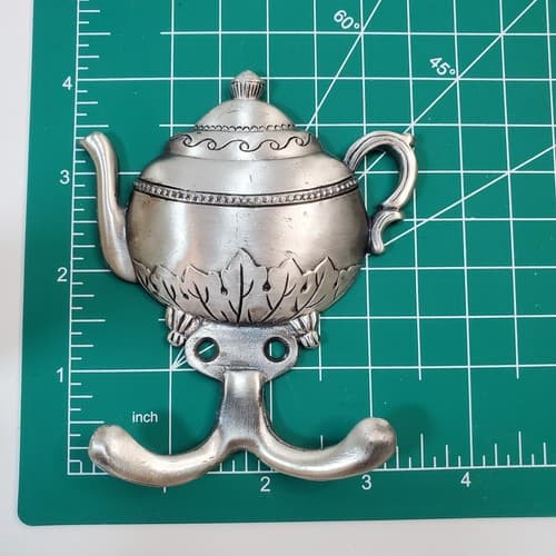 Vintage Silver Tone Metal Tea Pot Kitchen Towel Hook Hanger Country Farmhouse - Thumbnail 4
