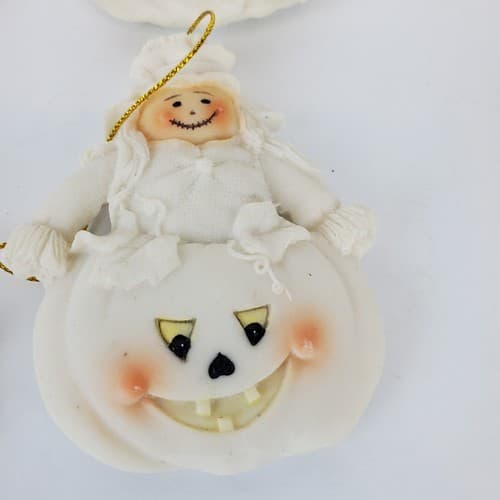 4 Vtg Witch Broom Scarecrow Pumpkin Ceramic Resin Halloween Ornaments Off White - Thumbnail 3