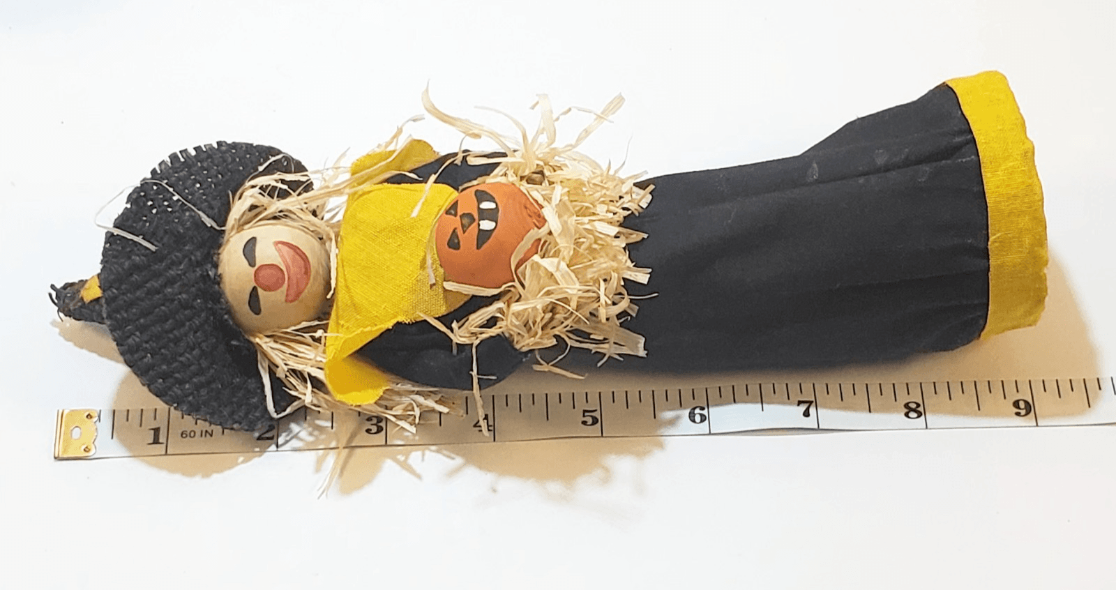 Vintage 9" Scarecrow Witch Decor Straw Burlap Standing Holding Pumpkin Halloween - Thumbnail 9