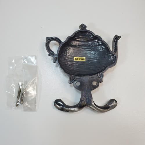 Vintage Silver Tone Metal Tea Pot Kitchen Towel Hook Hanger Country Farmhouse - Thumbnail 3
