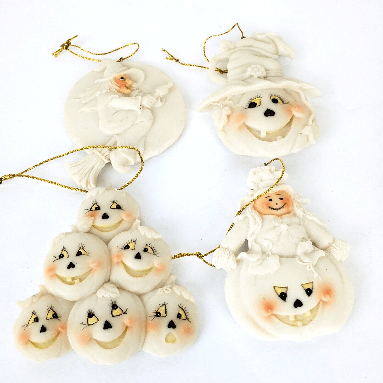 4 Vtg Witch Broom Scarecrow Pumpkin Ceramic Resin Halloween Ornaments Off White