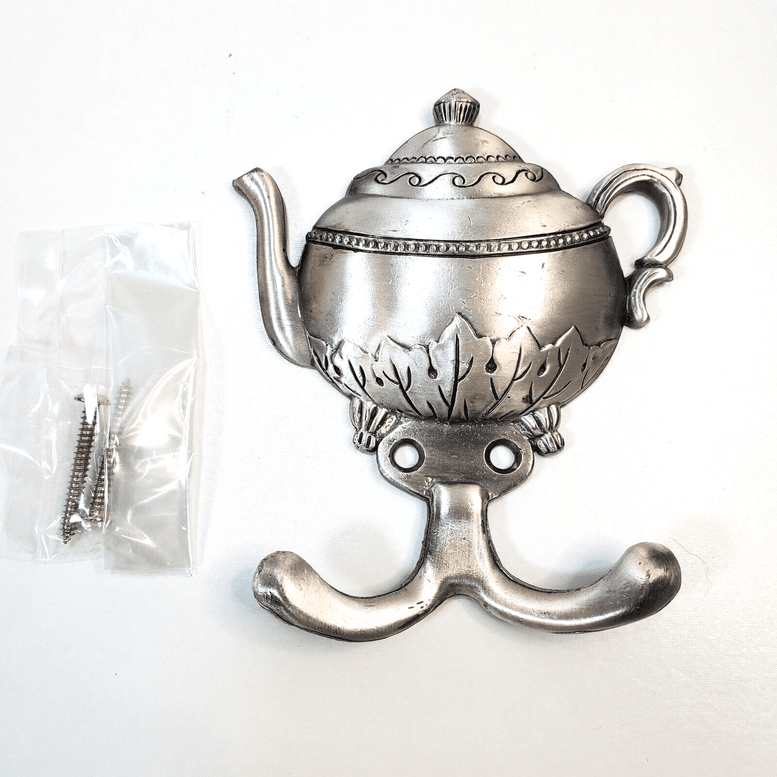 Vintage Silver Tone Metal Tea Pot Kitchen Towel Hook Hanger Country Farmhouse