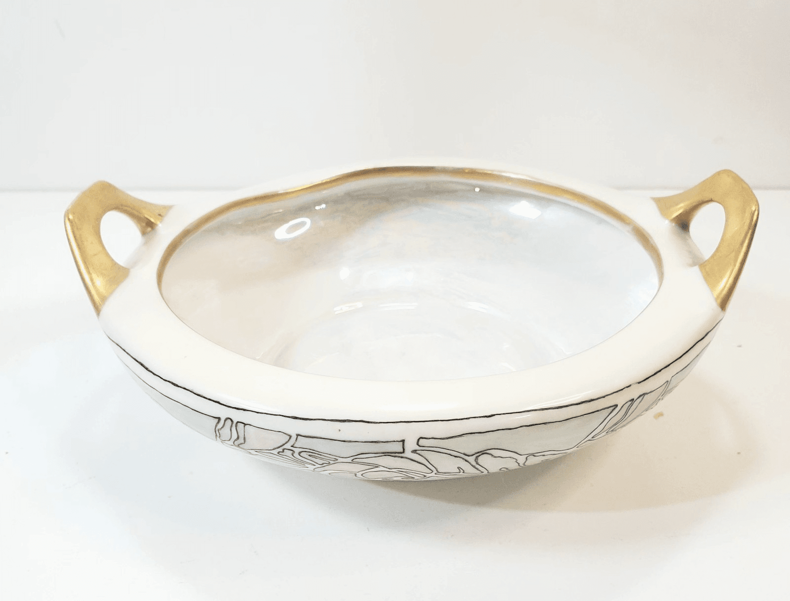 M Z Austria Antique Pearlescent Bowl 2-Handled with Gold Trim Abstract Design