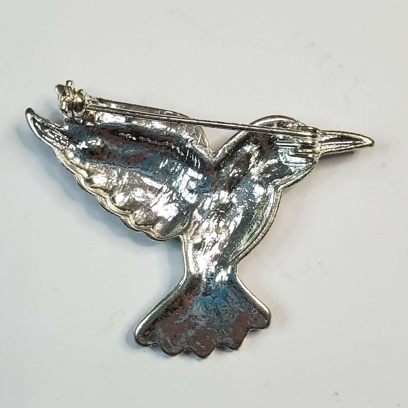Textured Silver Tone Black Enamel Fluttering Hummingbird Bird Brooch Pin Spring - Thumbnail 2