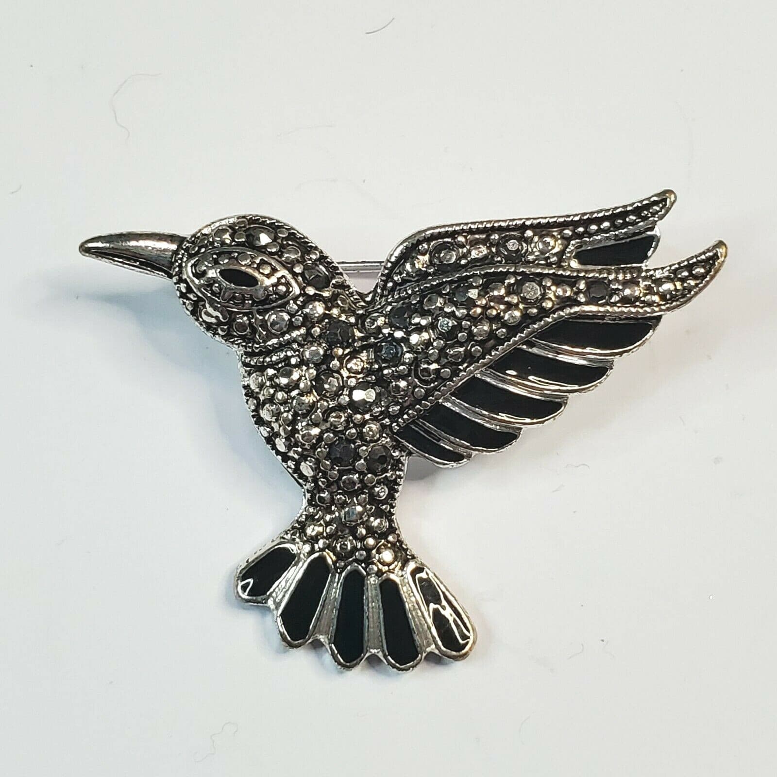 Textured Silver Tone Black Enamel Fluttering Hummingbird Bird Brooch Pin Spring