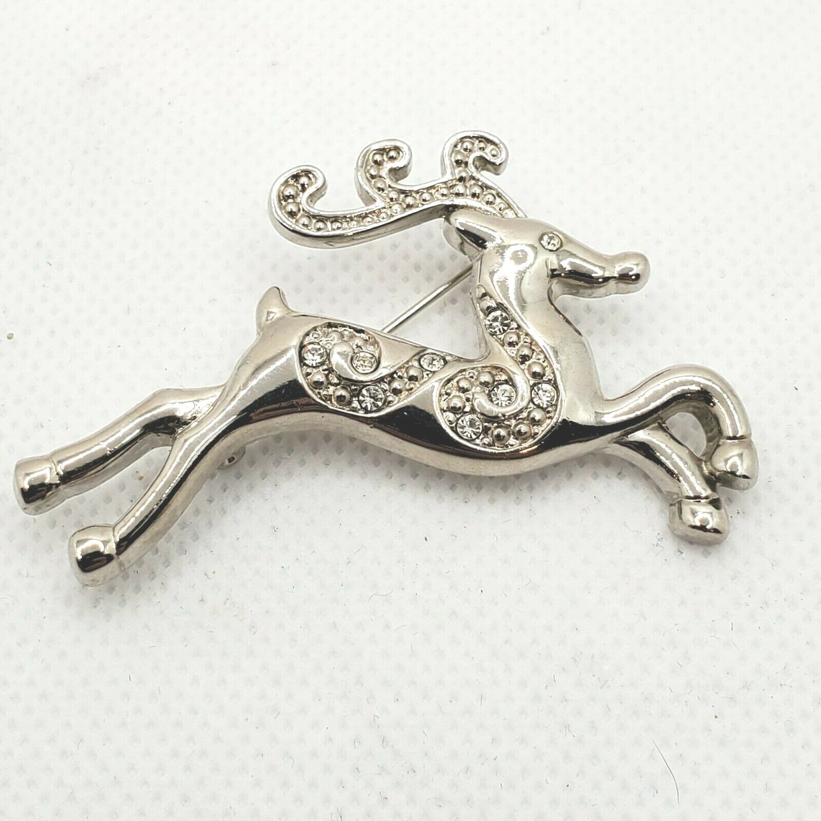 Vintage Unmarked Silver Tone Metal & Clear Rhinestones Reindeer Brooch Pin