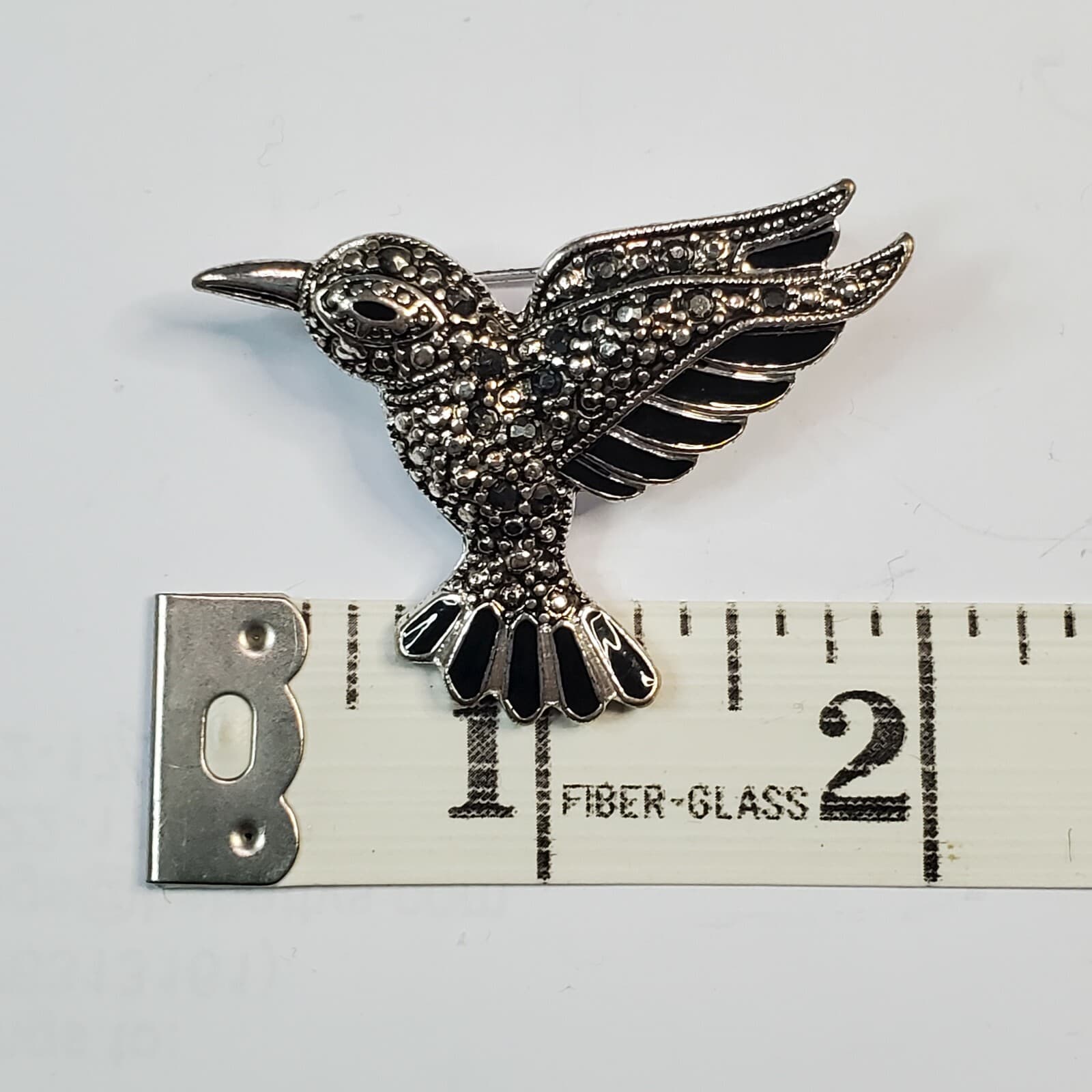 Textured Silver Tone Black Enamel Fluttering Hummingbird Bird Brooch Pin Spring - Thumbnail 3