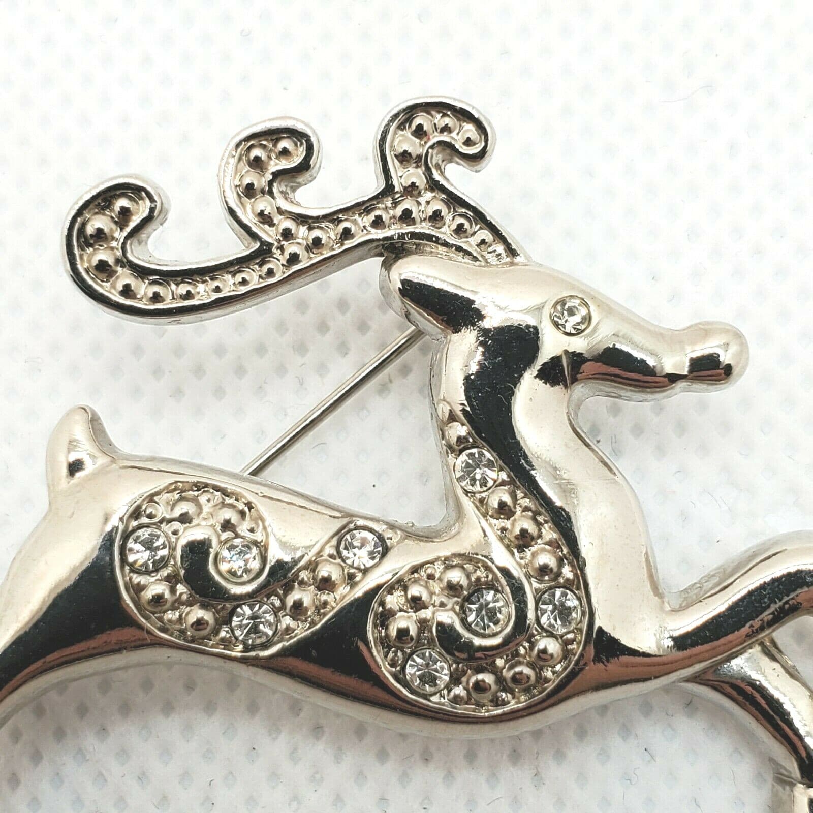 Vintage Unmarked Silver Tone Metal & Clear Rhinestones Reindeer Brooch Pin - Thumbnail 2