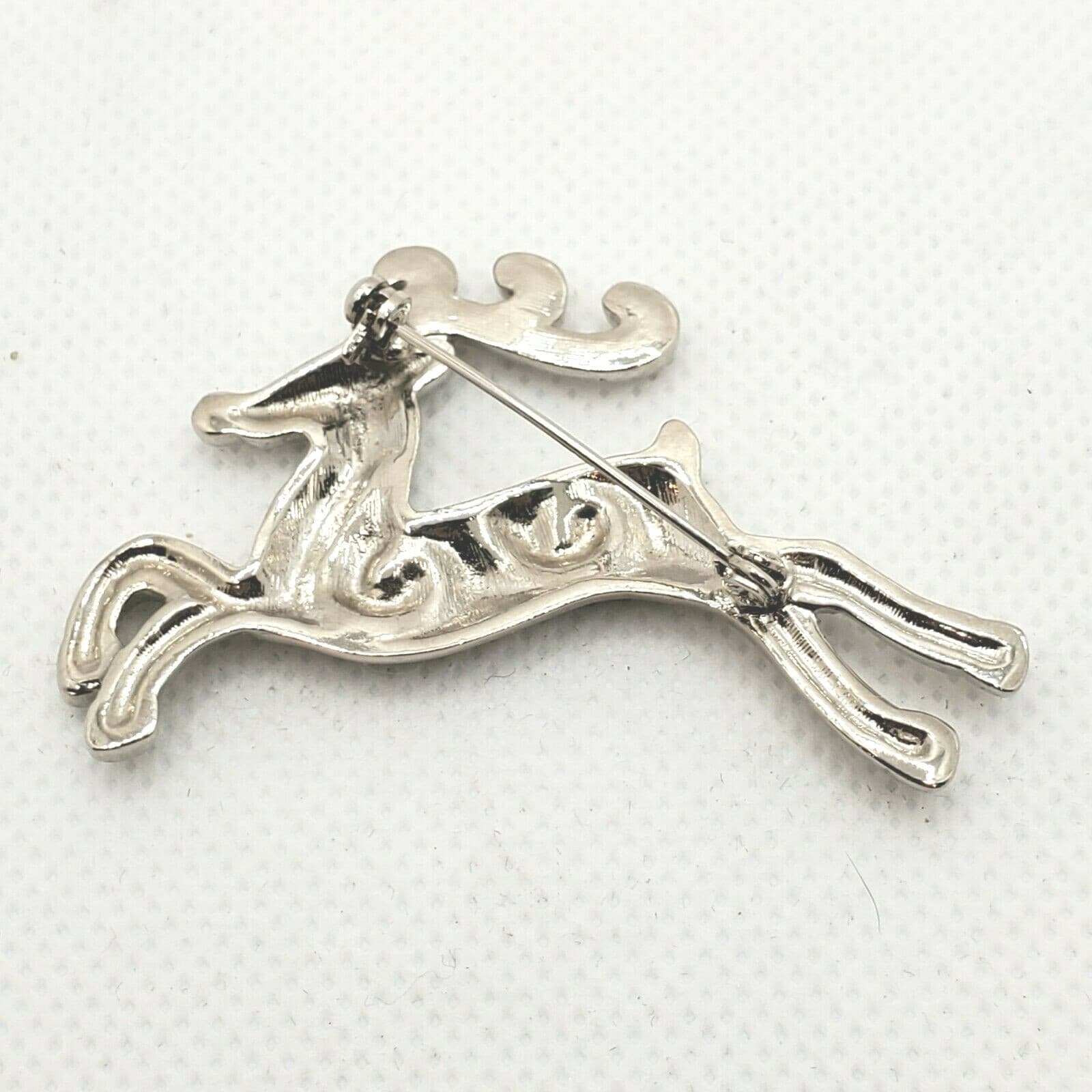 Vintage Unmarked Silver Tone Metal & Clear Rhinestones Reindeer Brooch Pin - Thumbnail 3