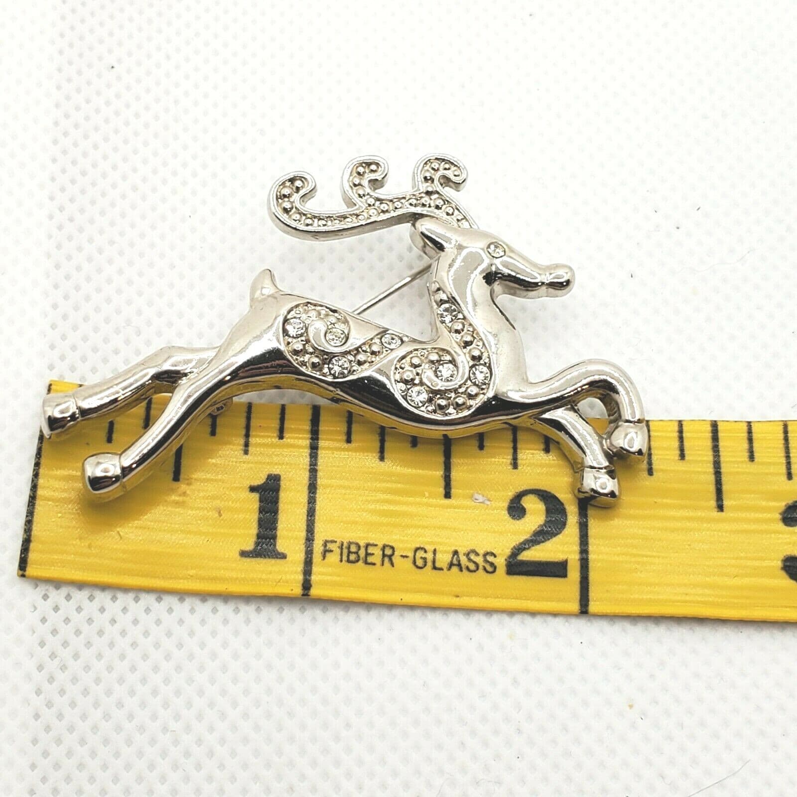 Vintage Unmarked Silver Tone Metal & Clear Rhinestones Reindeer Brooch Pin - Thumbnail 4
