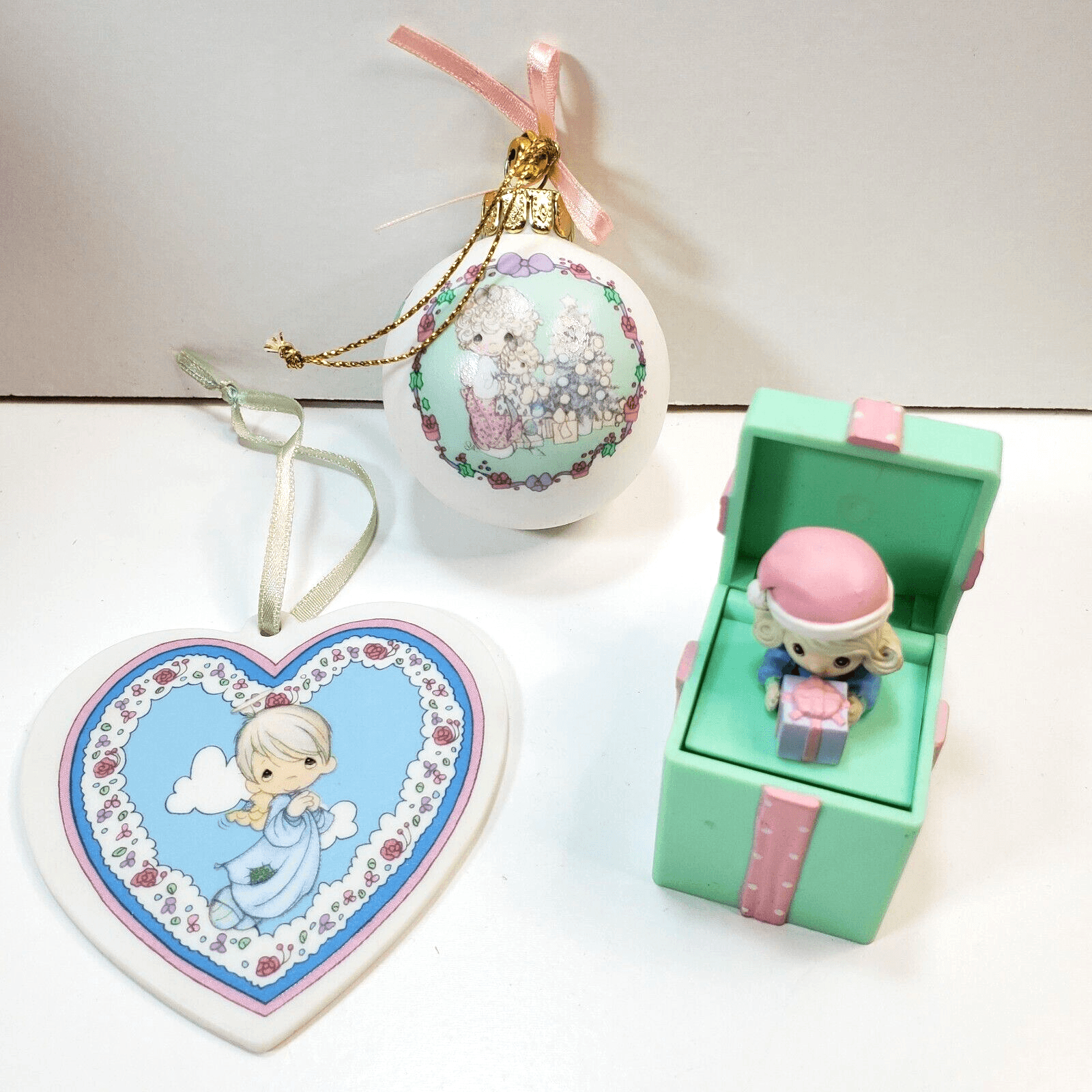 3 Vintage 1992 Precious Moments Christmas Ornaments Heart, Ball & Pop-up Present