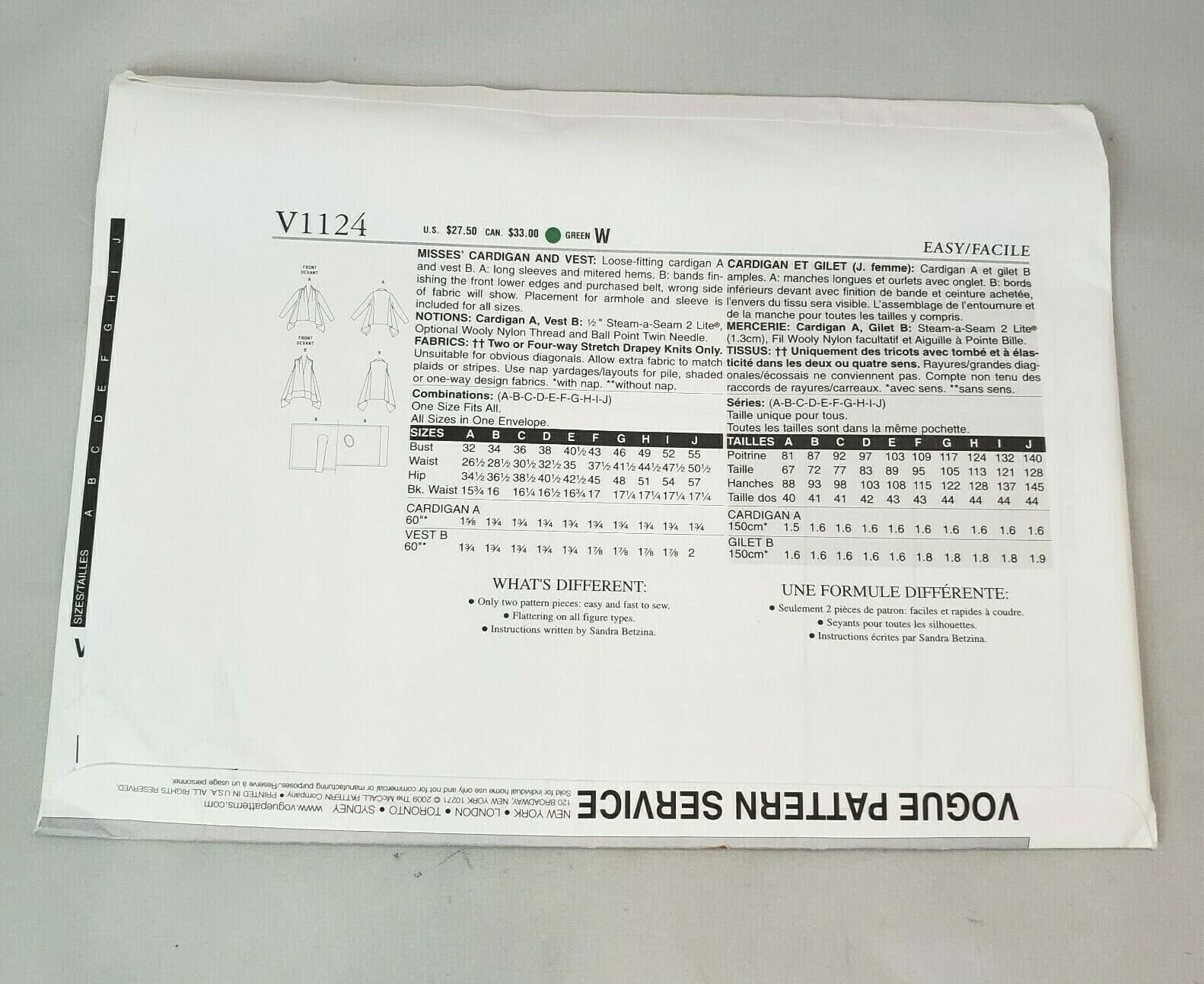 Vogue Sewing Pattern V1124 Todays Fit Betzina Misses Cardigan Vest Uncut OSZ - Thumbnail 3