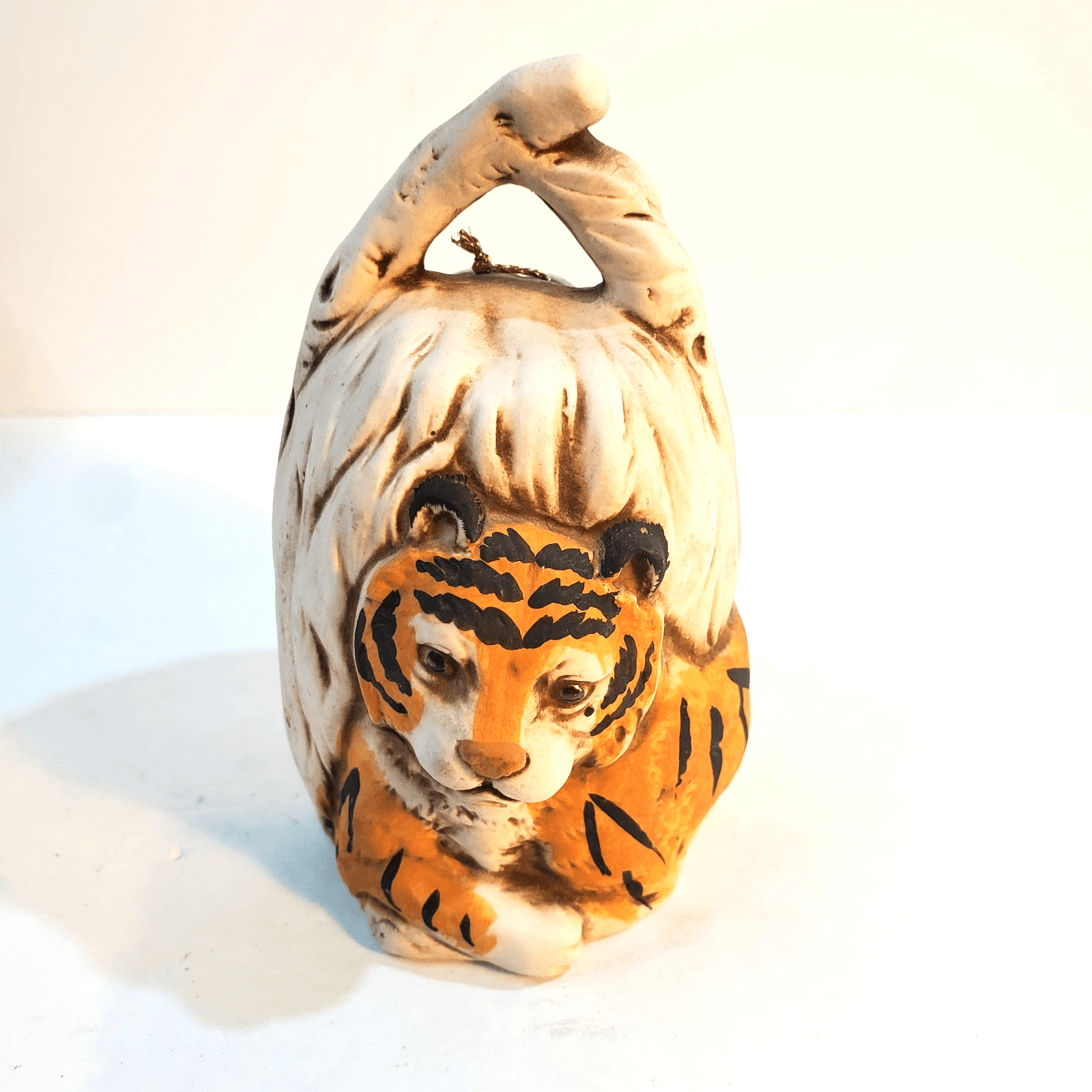 Vintage UCTCI Japan 3D Bisque Pottery Bell Tiger In Haystack Hand Painted