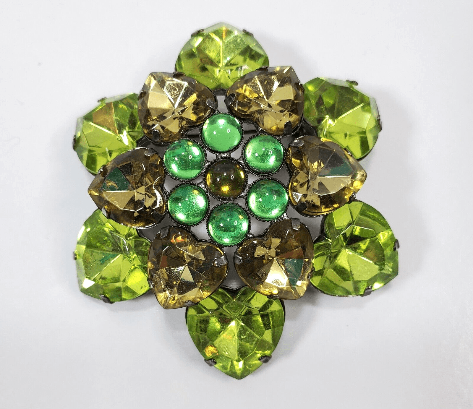 Green Heart Shaped Faceted Rhinestones Flower Floral Brooch Pin Jewelry