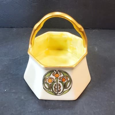 Vintage Record Germany Porcelain Basket Luster Gold Green Art Deco Offset Handle - Thumbnail 4