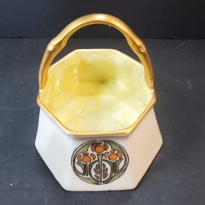 Vintage Record Germany Porcelain Basket Luster Gold Green Art Deco Offset Handle - Thumbnail 2