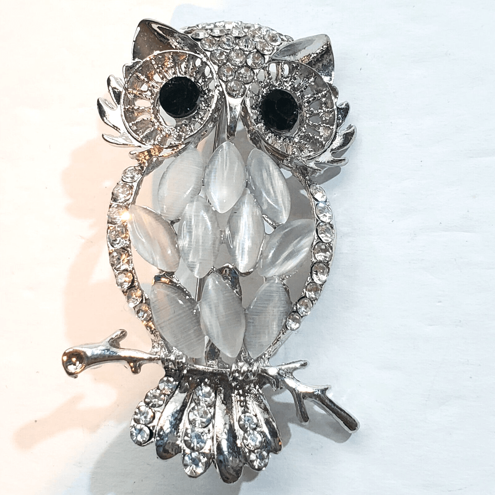Silver Tone Metal Marquis Shaped Acrylic Enamel Clear Rhinestones Owl Brooch Pin