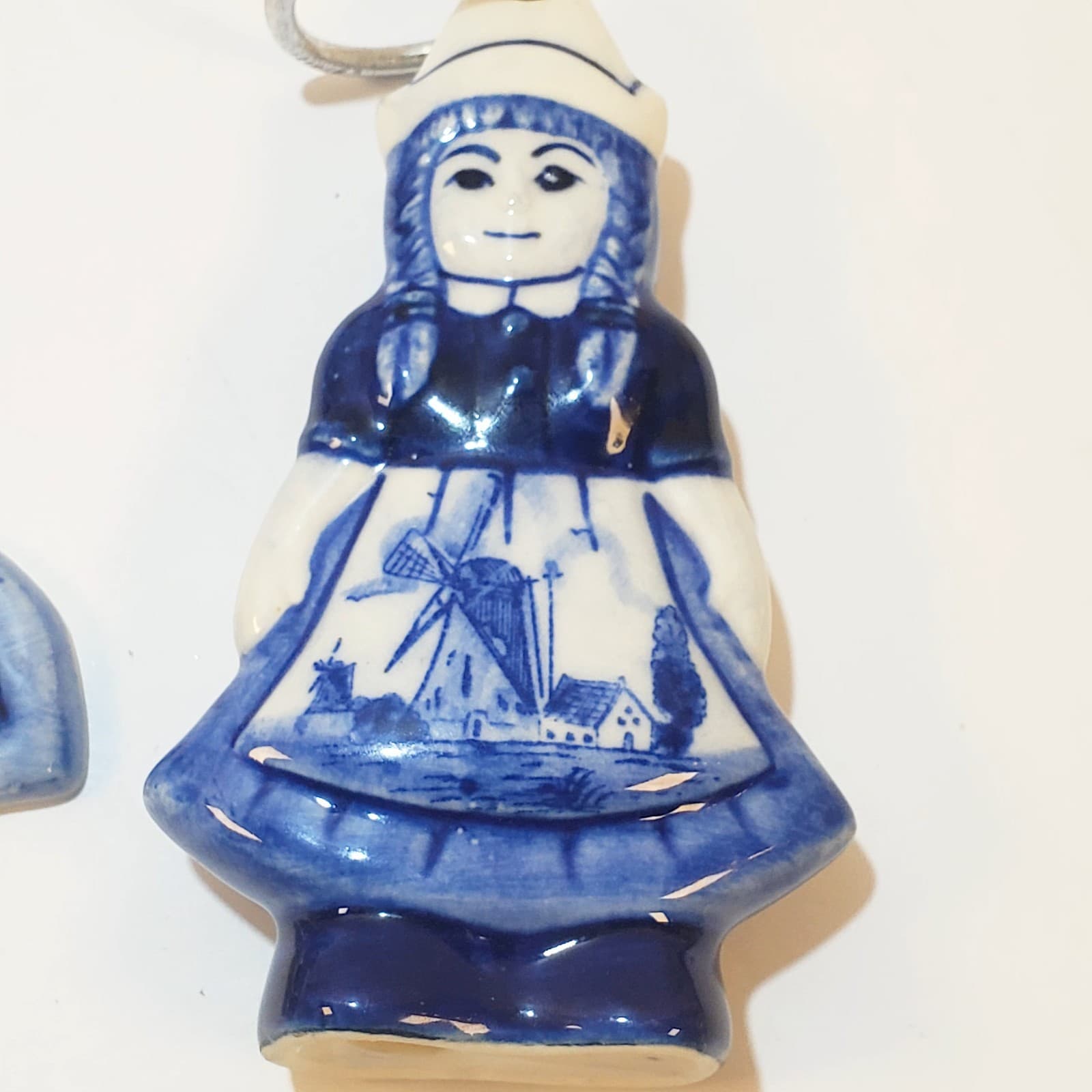 2 Delft Blue and White Holland Ceramic Christmas Tree Ornaments Holly Dutch Girl - Thumbnail 2