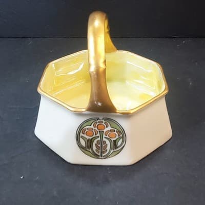 Vintage Record Germany Porcelain Basket Luster Gold Green Art Deco Offset Handle