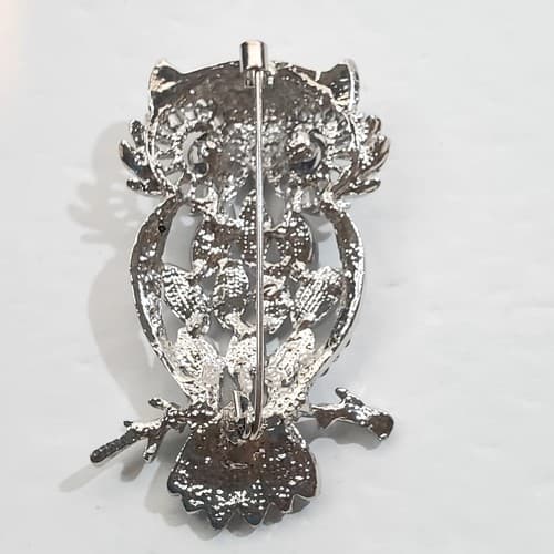 Silver Tone Metal Marquis Shaped Acrylic Enamel Clear Rhinestones Owl Brooch Pin - Thumbnail 3