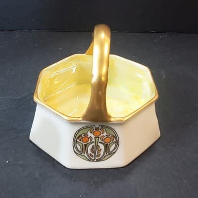 Vintage Record Germany Porcelain Basket Luster Gold Green Art Deco Offset Handle - Thumbnail 3